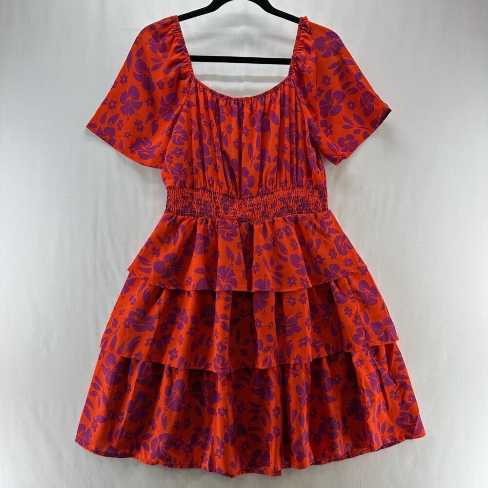 PRETTYGARDEN Dress Size M Peasant Sundress Floral Smocked Tiered Cap Sleeve Red - Picture 2 of 12